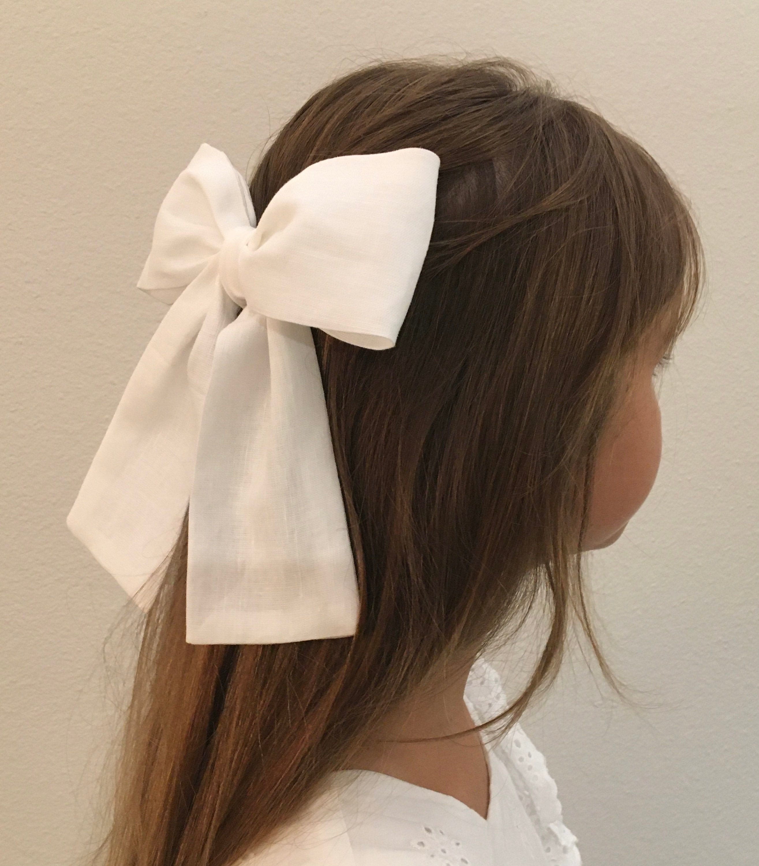 Big Vintage Linen Hair Bow/ Large Hair Bow for 3-12 Year Old Girl. White  Hair Bow. Alligator Hair Clip. 