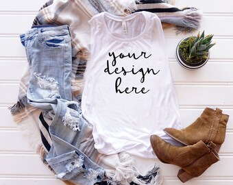 Download Free Fall Shirt Mockup| Bella + Canvas B8803| White Women's Tank Mockup| T-shirt Flat Lay| Womens Tshirt Mockup| Bella Mockup| Styled Photo PSD Template