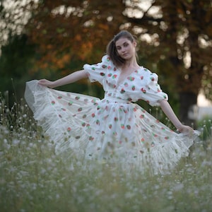 Strawberry Dress/ Tulle Dress/ Bridal Gown/ Alternative Wedding/ White Dinner Dress/ White Sequins Dress/ White Mini Dress/ Tulle Ruffles