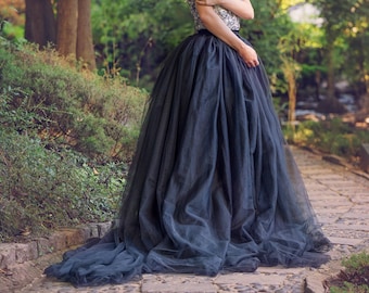 Omaya- Black Tulle Skirt with 80 inches Train/ Black Tulle Skirt with Train/ Skirt with Long Train/ Gothic Photo Session / Gothic Bride