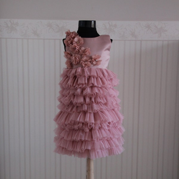 Liliya- Ruffles Tulle Dusty Pink Dress/ Flower Girl Dress/ Occasion Girl Dress/ Luxury Tulle Dress/ Soft Tulle Girl Dress/ All Colors Girl