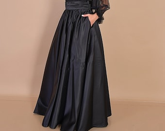 Heavy Satin Skirt with Pockets/ Black Skirt with Pockets/ Satin Skirt/ Full Length Black Skirt/ Gothic Skirt/ Alternative Bridal SKirt