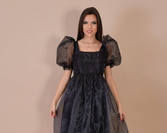 Lina- Black Organza Dress/ Modern Organza Dress/ Black Puffy Sleeves Dress/ Fun Birthday Dress/ Perfect Black Dress/ Square Neckline Dress