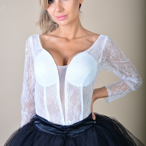 Wedding Corset/ Lace Corset/ White Bridal Corset/ French Lace with Sequins/ Long Sleeve Corset/ White Bustier/ Bridal Sequis Corset
