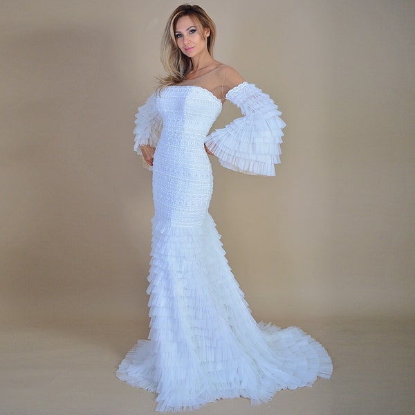 Luxury Wedding Dress/ Ruffled Bridal Dress/ Bridal Dress with Train/ Handmade Bridal Dress/ Amazing Bridal Gown