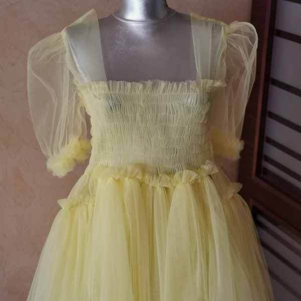 Pale Yellow Tulle Dress/ Yellow Tulle Dress/ Custom Made Tulle Dress/ Short Tulle Dress with Elastics on Bust and Backside/ Tulle Mini Dress