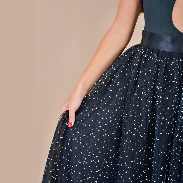 Sparky- Black Sparkling Skirt Gown/ Black Separates/ Black Skirt Gown/ Glitter Skirt Gown/ Black Skirt with Stones/ Flowing Black SKirt