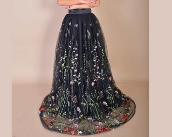 Isla-Black Embroidered Tulle Skirt Gown/ Black Embroidered Gown/ Amazing Black Tulle Skirt/ Flowers Gown/ Gothic Gown