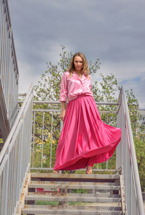 Villanelle Pink Skirt/ Pink Satin Skirt/ Pink Pleated Skirt/ Pink Skirt  With Lining/ Luxury Pink Skirt/ Hidden Zipper Skirt/ Skirt With Belt -   Canada