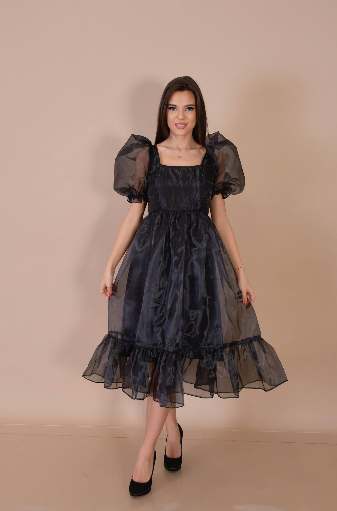 organza fancy dress Lina- Black Organza Dress/ Modern Organza Dress/ Black Puffy Sleeves Dress/  Fun Birthday Dress/ Perfect Black Dress/ Square Neckline Dress
