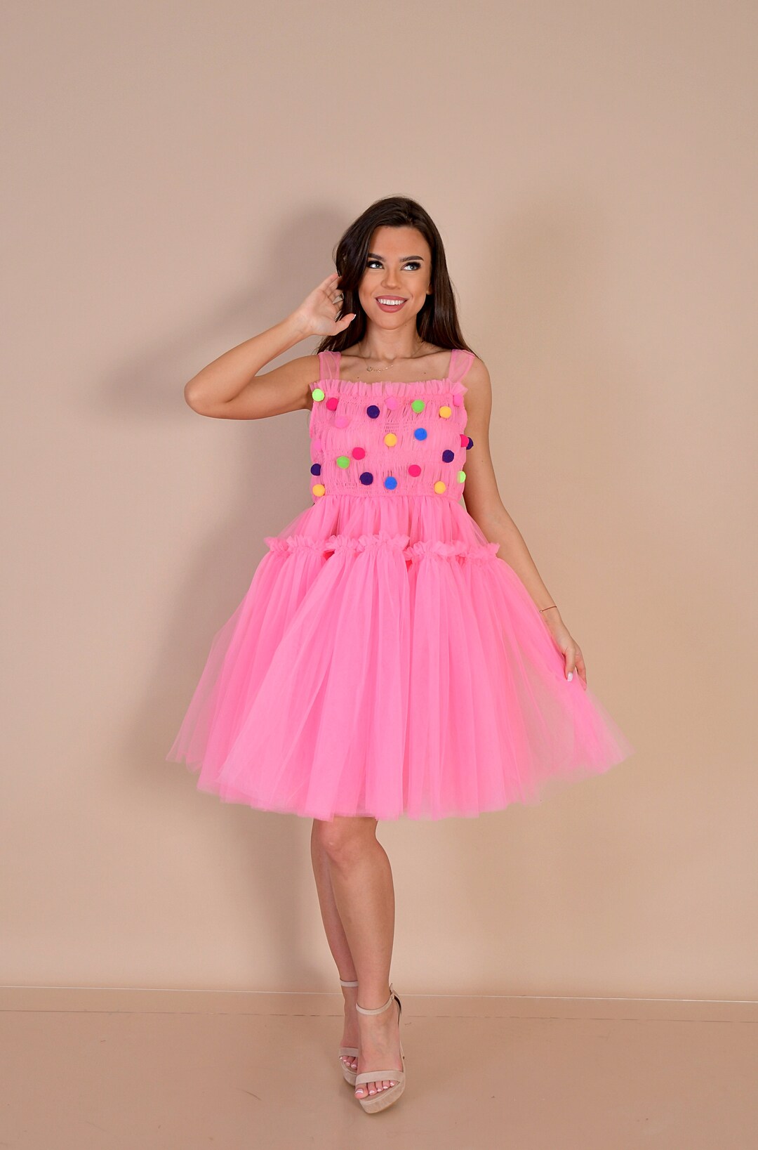 Pom pom-jurk/roze tule jurk/fancy tule jurk/regenboogjurk/felroze  jurk/kostuum/baljurk/grappige jurk/verjaardagsjurk België