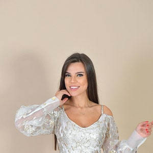 Glory Luxury Silk Organza with Golden Threads/ White Organza Top/ Golden Top/ Organza Bridal Top/ Golden Bodysuit/ Bridal Bodysuit image 4
