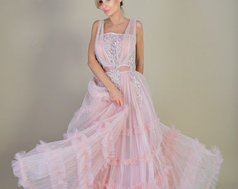 Dusty Pink Italian Tulle Dress/ Pink Lace Dress/ Crystals Dress/ Pink Prom Dress/ Pink Alternative Wedding Dress/ Pink Wedding Dress