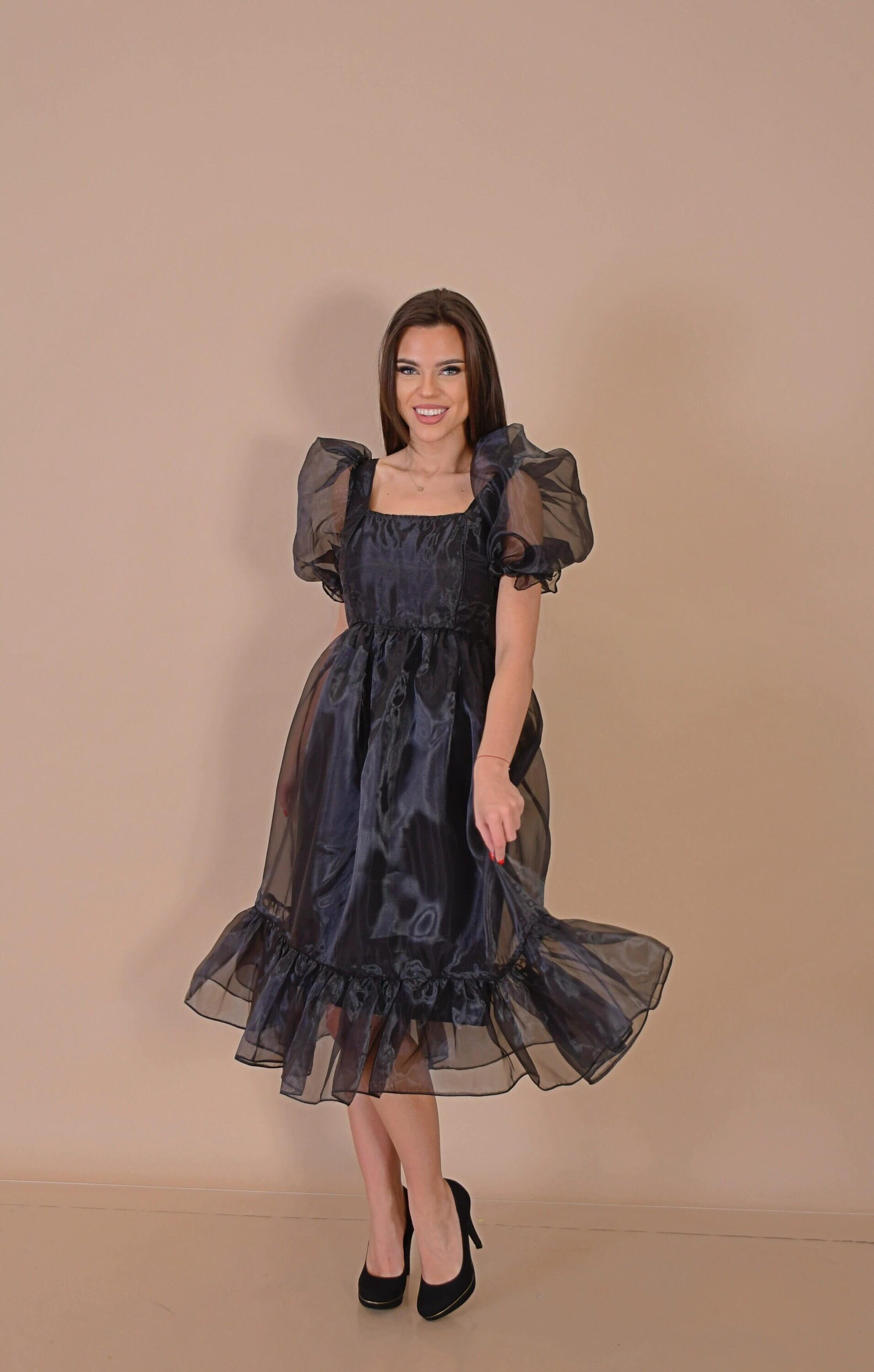 black dress organza sleeves Black Organza Puff Sleeve Dress | WHISTLES