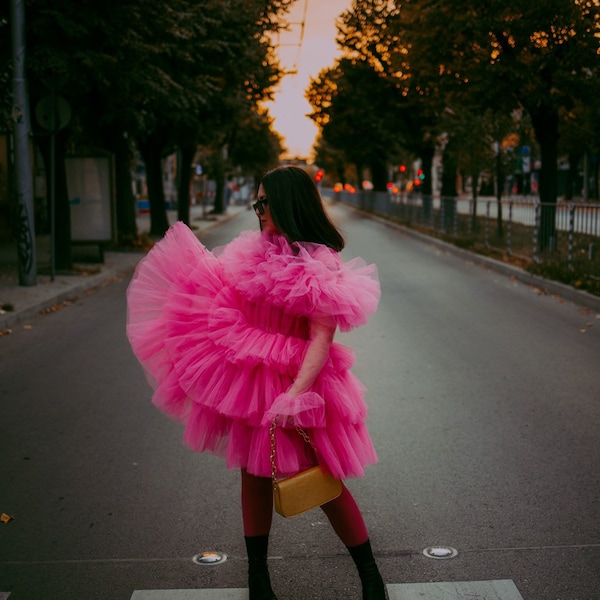 Rena - Vestido de tul rosa / Vestido de cumpleaños / Vestido hinchado / Vestido corto de tul / Increíble vestido de tul / Vestido de sesión de fotos / Think Pink / Hot Pink