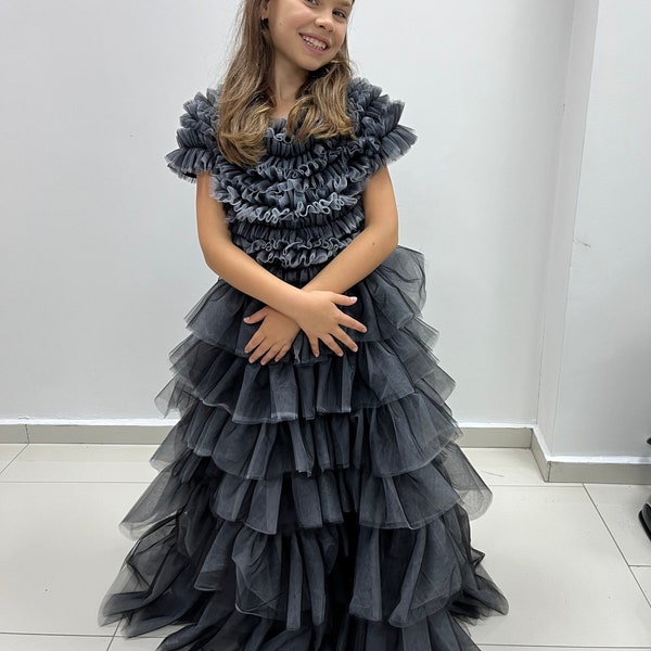 Becky- Black Silver Dress Gown/ Ruffles Black Dress/ Black Girl Dress/ Occasion Girl Dress/ Silver Tulle Dress/ Black Girl Dress Gown