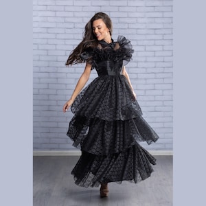 Wednesday- Dress to Die For/ Black Lace Dress/ Black Organza Dress/ Movie Dress/ Long Black Dress/ Made to Order Black Dress