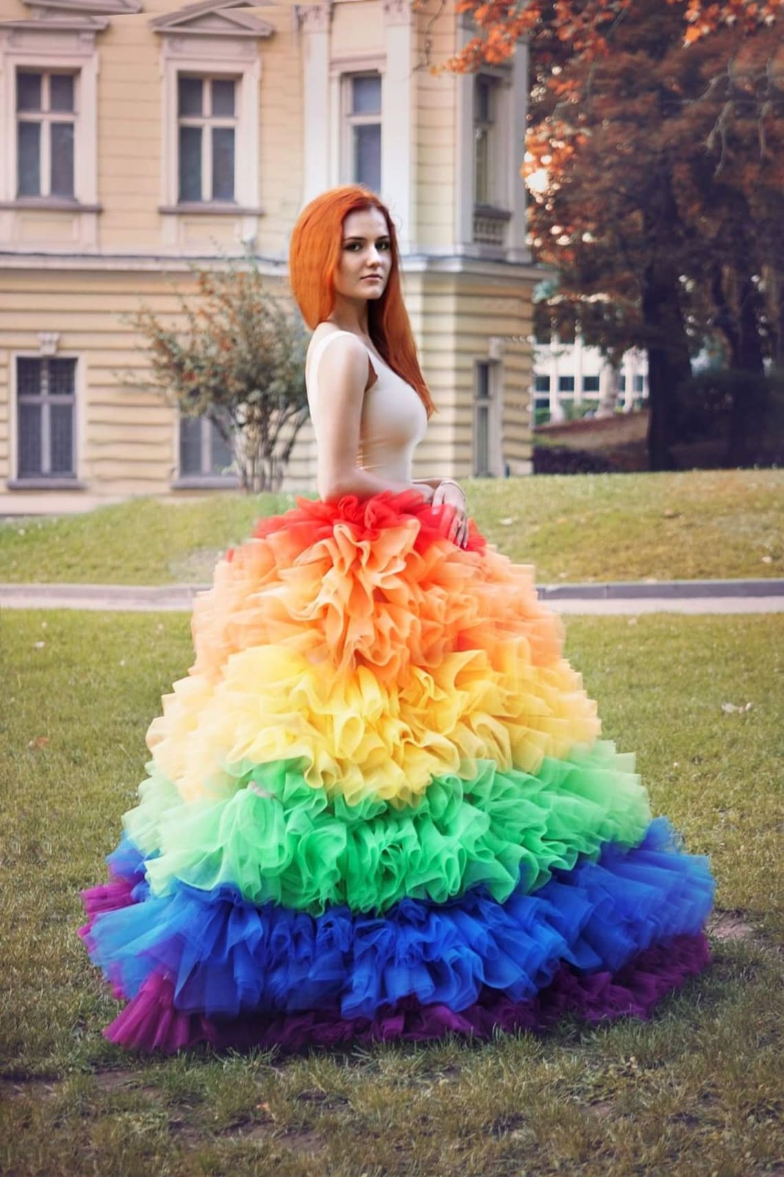 Rainbow Tulle Skirt/ Long Ruffled Italian Tulle Skirt/ Rainbow image 5