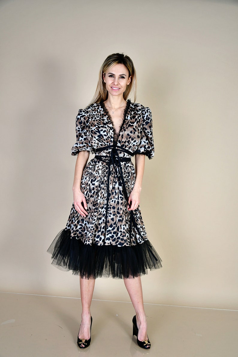Leopard Print Dress/ Animal Print Dress/ Chiffon Dress/ Short Prom Dress/ Short Occasion Dress/ Matching Mask Dress/ Luxury Dress image 3