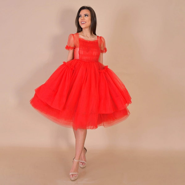 Red Tulle Dress/ Red Villanelle Dress/ Rotes Tüllkleid/ Red Photo Session Dress/ Lined Tulle Dress/ A Line Tulle Dress/ Hot Dress/ Birthday