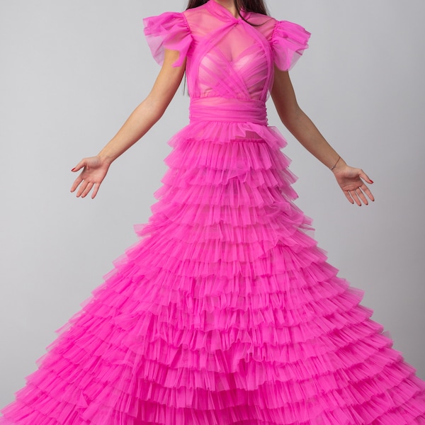 Monnik- Pink Tulle Dress/ Pink Ball Gown/ All Colors Dress/ Tulle Dress/ Long Tulle Dress/ Pink Mesh Dress/ Prom Dress/ Custom Made Dress