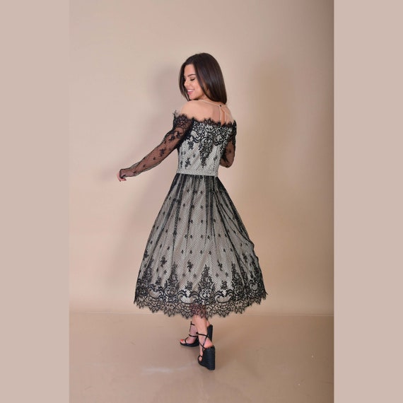 Amai- French Lace Open Shoulders Dress/ Black French Lace Dress/ Ombre Lace Dress/ other of Bride Dress/ Wedding Guest Lace Dress Amai- French Lace Open Shoulders Dress/ Black French Lace Dress/ Ombre Lace Dress/ other of Bride Dress/ Wedding Guest Lace Dress