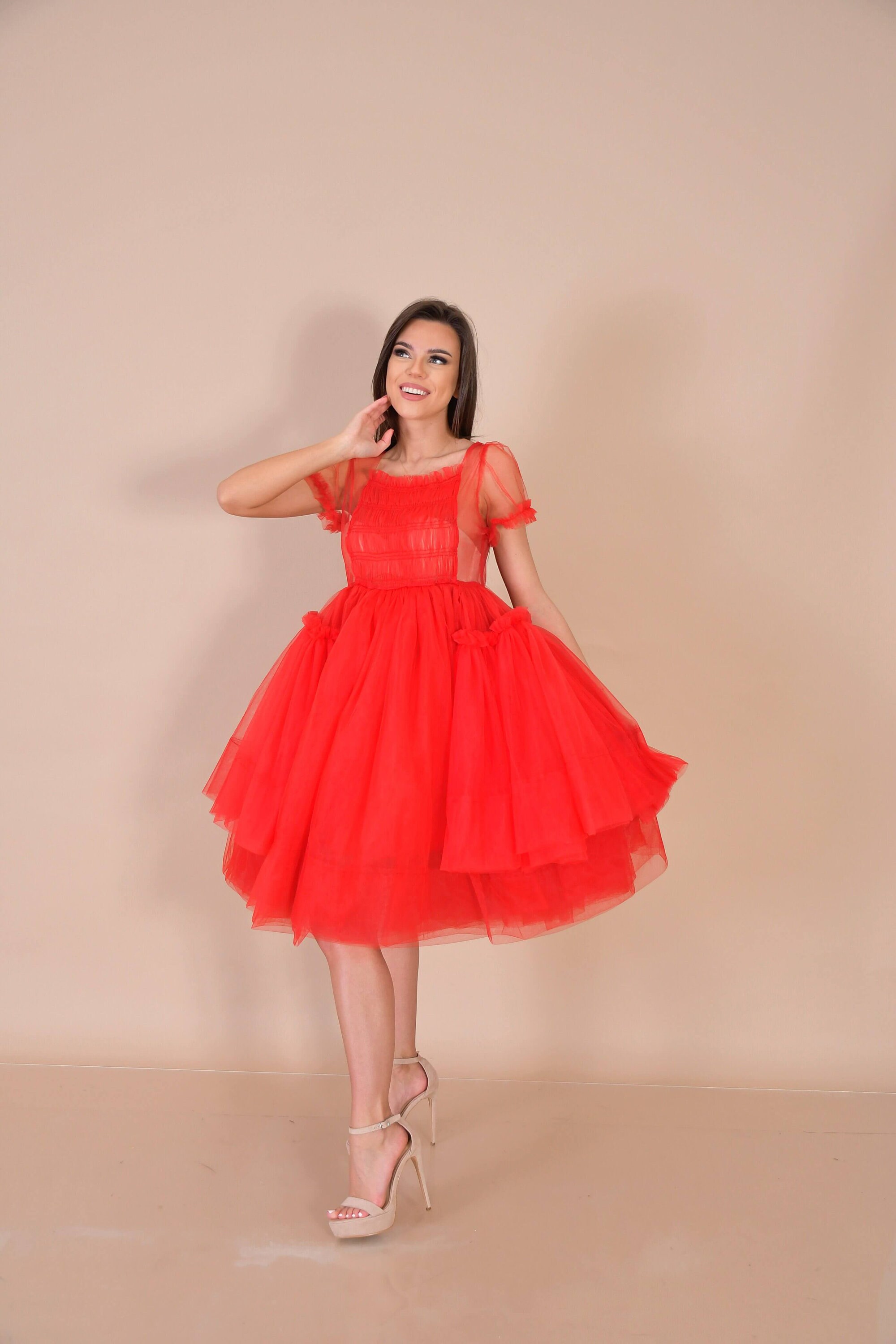 Short red tulle dress sale