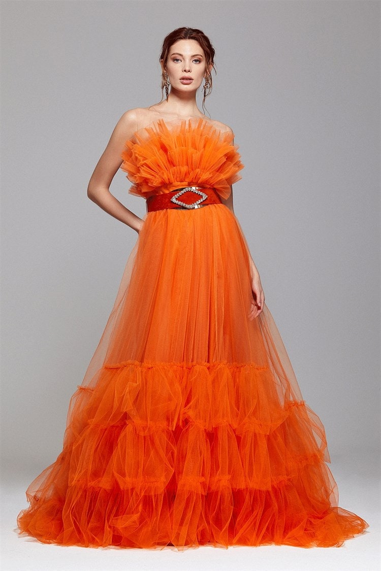 Simple Tulle Pleats Orange Long Prom Dress With Off Shoulder Straps -  $177.289 #TZ1307 - SheProm.com