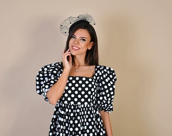 Big Polka Dots Dress/ White Dots Dress/ Polka Dots Dress/ Vintage Dress/ Puffy Sleeves Dress/ Luxury Dots Dress/ Selkie Dress/ Tea Length