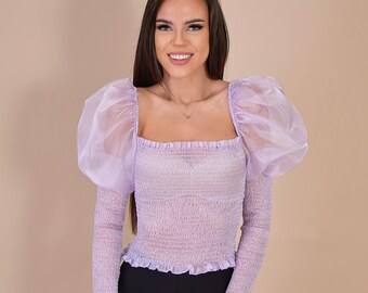 a*様 CLANE BALLOON SHEER PUFF TOPS Tall Sheer Lace Balloon Sleeve Bow Detail Blouse | Karen Millen
