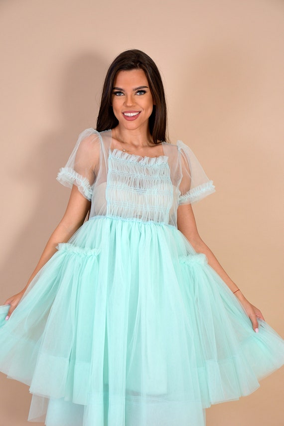 mint green sheer dress Noira Sheer Embroidered Mini Dress – Mint Green Cocktail Dress main image 1