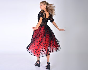 Red Italian Tulle Pattern Dress/ Red and Black Pattern Dress/ Tulle Dress with Modern Suede Pattern/ Red and Black Short Dress