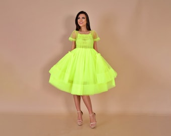 lime green neon dress Bodycon Collection Women's Neon Green Bandage Midi Dress, High Neck, Pencil Style, Soft Breathable Fabrics, Polyester and Elastane, Size M main image 1