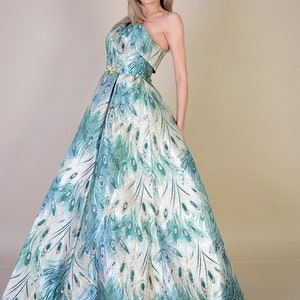 Peacock Feathers Pattern Jacquard Fabric Dress/ Peacock Feathers Prom Dress/ Blue Prom Dress/ Long Prom Dress/ Unique Occasion Dress image 1