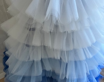 May include: A layered tulle skirt in shades of white and blue, transitioning from white at the top to a deep blue at the hem. The skirt features a wide, royal blue waistband. The layers create a voluminous, ruffled effect.