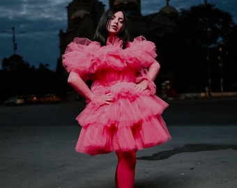 Rena roze tule jurk/verjaardagsjurk/ gezwollen jurk/korte tule