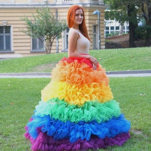 Rainbow Tulle Skirt/ Long Ruffled Italian Tulle Skirt/ Rainbow Prom Skirt/ Pride Rainbow Skirt/ Alternative Wedding Skirt/ Frills Skirt