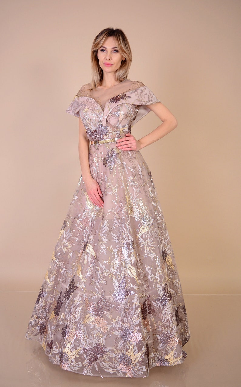 Beaded Floral Dress/ Golden Silver and Bronze Floral Pattern Etsy