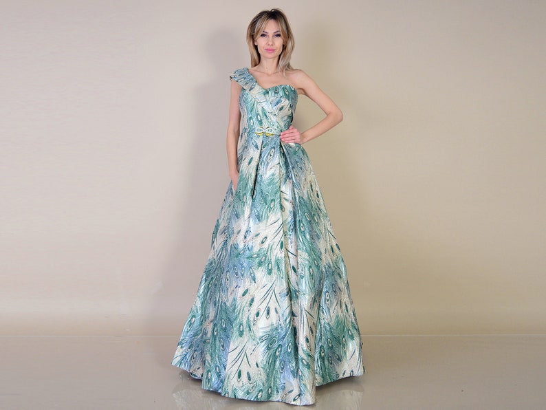 Peacock Feathers Pattern Jacquard Fabric Dress/ Peacock Feathers Prom Dress/ Blue Prom Dress/ Long Prom Dress/ Unique Occasion Dress image 3