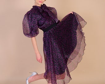 Vestido de organza / Vestido de organza púrpura / Vestido Selkie / Vestido púrpura de moda / Vestido de organza increíble / Vestido de mangas abullonadas / Vestido de cuello de lazo / Floral