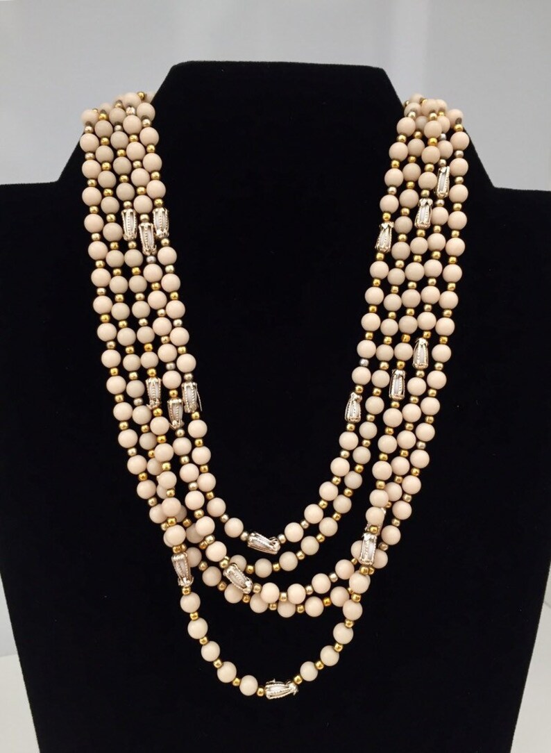 Vintage 1950s Japanese Cream /& Gold Beaded Multistrand Necklace