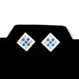 Vintage 1990s Silber Ton Blaue Stein Quadrat Ohrclips