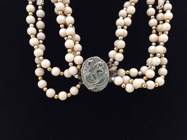 Vintage 1950s Japanese Cream /& Gold Beaded Multistrand Necklace