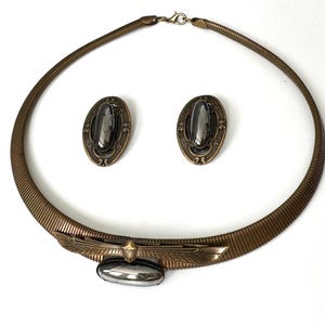 Vintage 1980s Ermani Bulatti Art Deco Scarab Bronze Tone Collar Necklace & Earrings Set