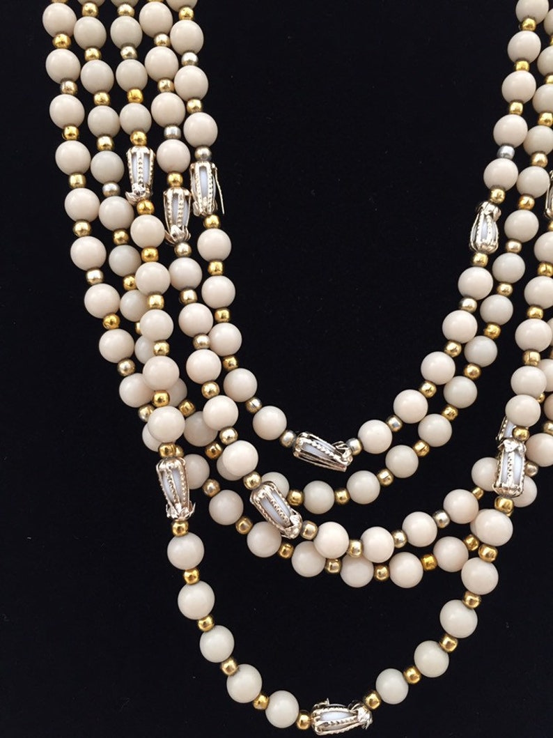 Vintage 1950s Japanese Cream /& Gold Beaded Multistrand Necklace