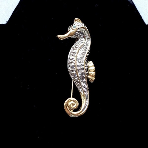Vintage 1980s Gold Silver Tone Seahorse Statement Brooch