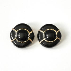 Vintage 1980s Black & Gold Enamel Clip on Earrings