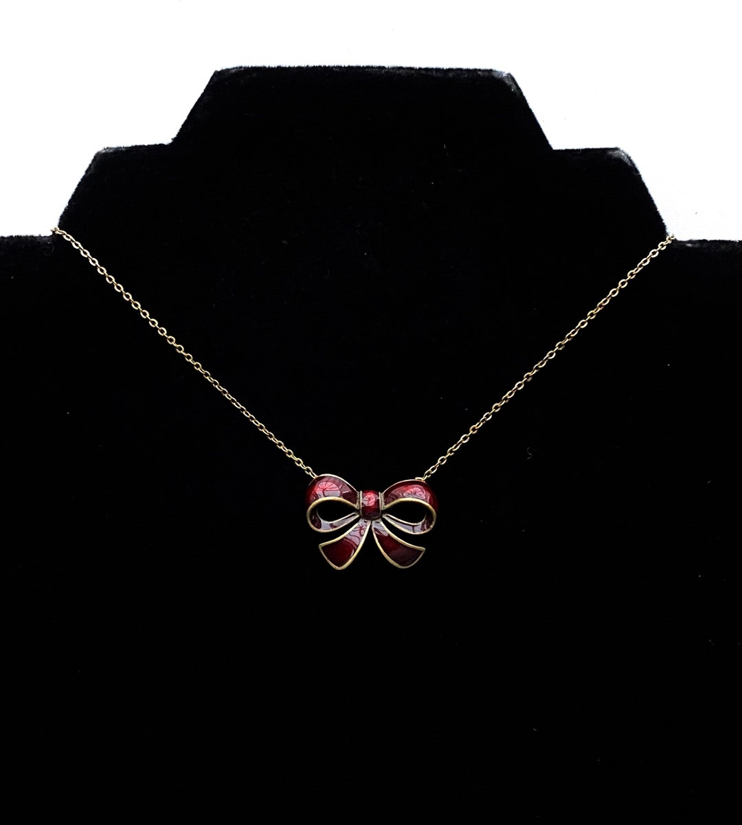 Vintage Bronze Tone & Red Enamel Bow Pendant Necklace Cath Etsy UK