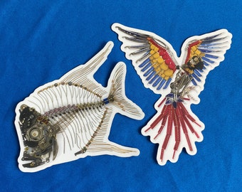 2 Stickers, Lookdown fish, Macaw Parrot, Octopus, Frog diecut stickers