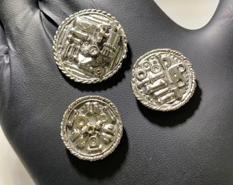 3-Coin Pack of handmade sand-cast pewter coin pocket sculptures in scifi, steampunk, archaic style